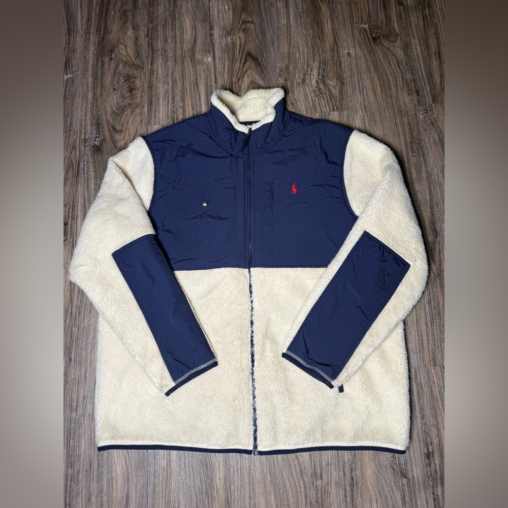 Polo Ralph Lauren Sherpa Fleece Jacket Navy Cream Size XXL – Full Zip Logo